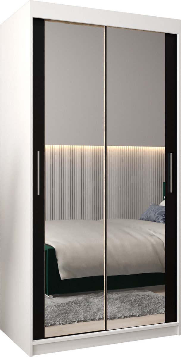 InspireME Kledingkast met 2 schuifdeuren, Modern-stijl, Kledingkast met planken (BxHxD): 100x200x62 - TORM III 100 Wit Mat + Zwart