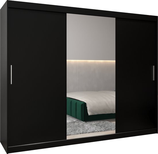 InspireMe - Kledingkast met 3 schuifdeuren, Modern-stijl, Kledingkast met planken (BxHxD): 250x200x62 - TORM I 250 Zwart Mat