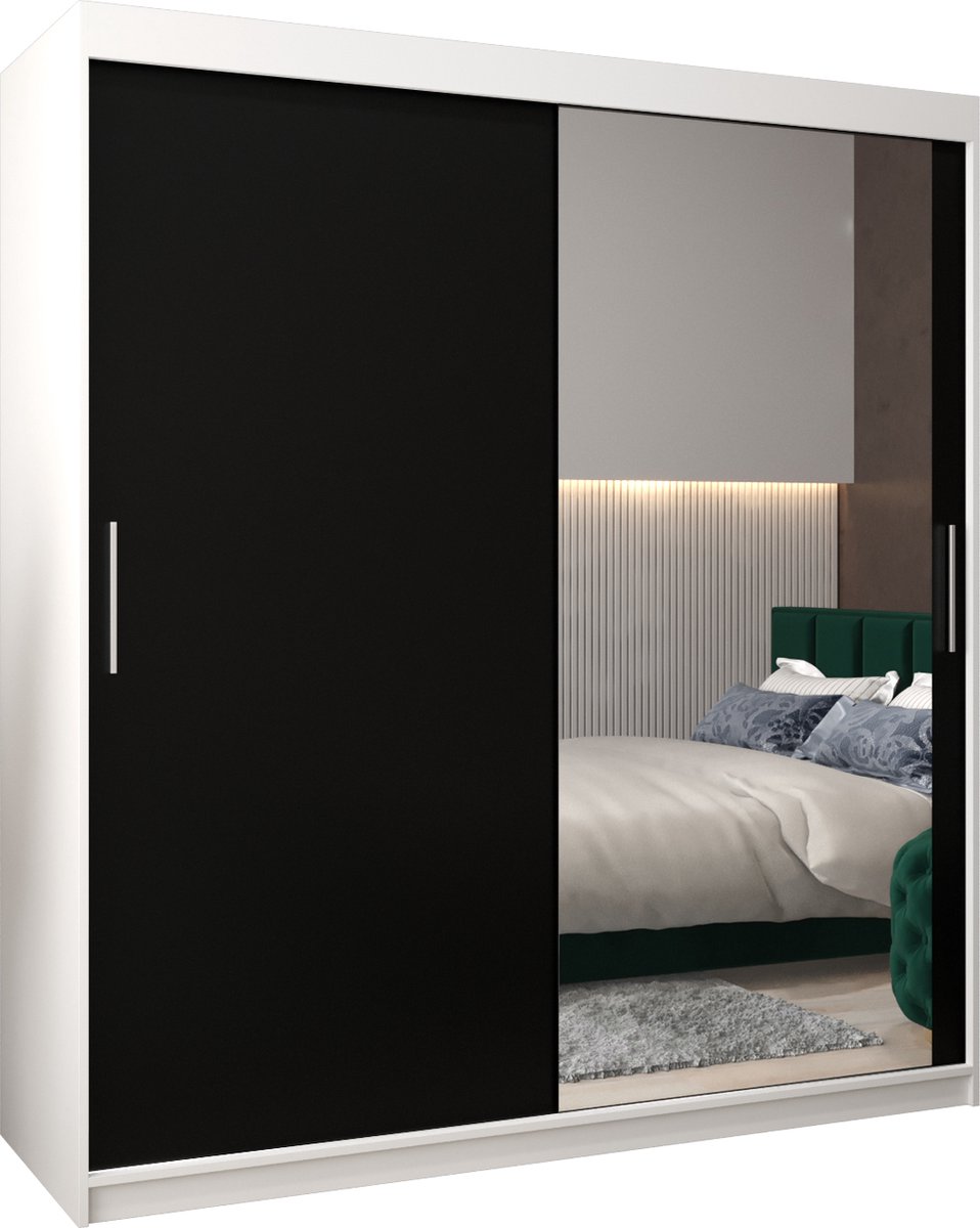 InspireME Kledingkast met 2 schuifdeuren, Modern-stijl, Kledingkast met planken (BxHxD): 180x200x62 - TORM II 180 Wit Mat + Zwart met 4 lades