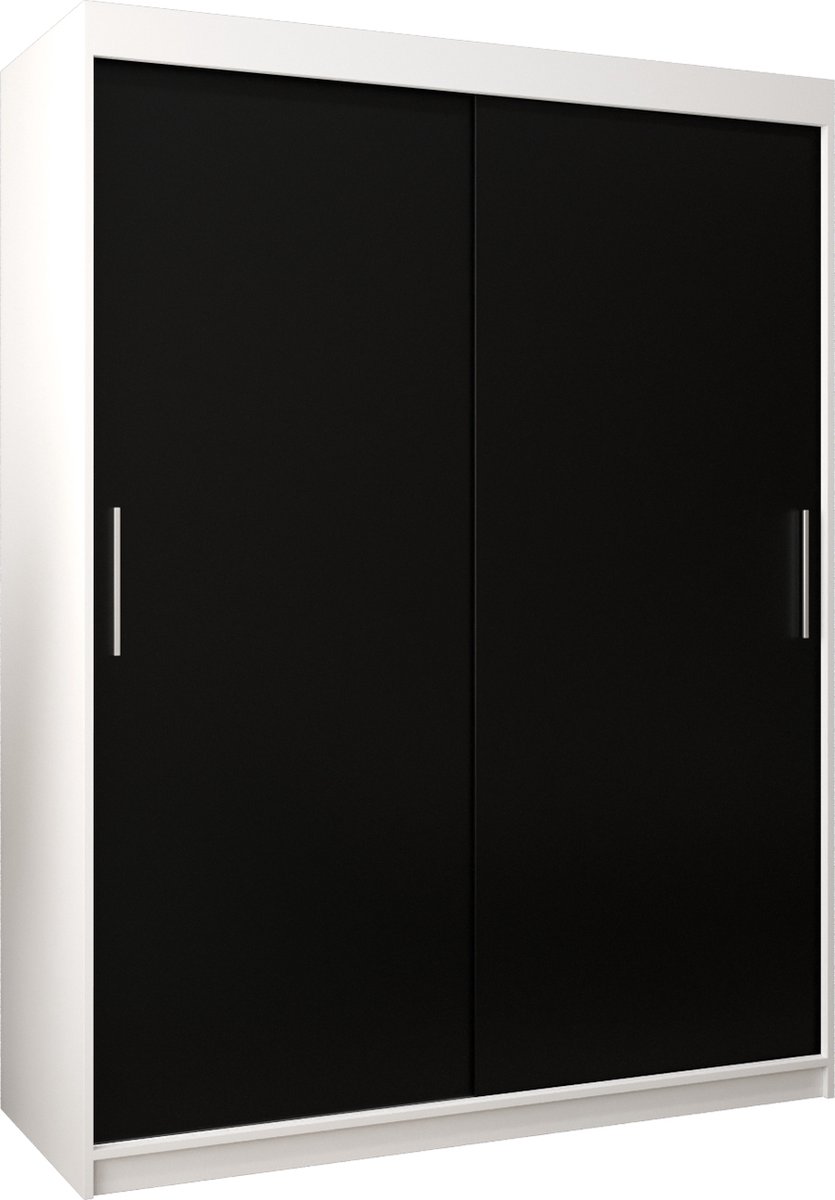 InspireME Kledingkast met 2 schuifdeuren, Modern-stijl, Kledingkast met planken (BxHxD): 150x200x62 - TORM 150 Wit Mat + Zwart