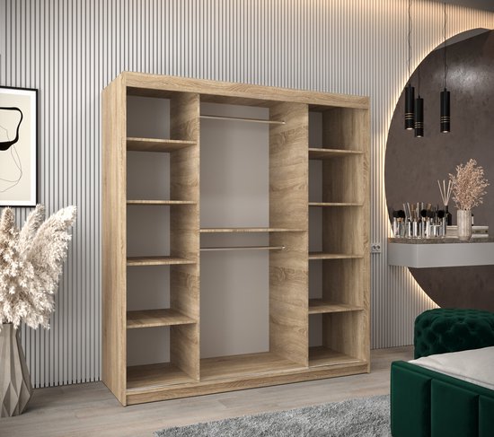 InspireMe - Armoire avec 2 portes coulissantes, Style moderne, Armoire avec étagères (LxHxP): 180x200x62 - TORM 180 Chêne Sonoma + Zwart Mat