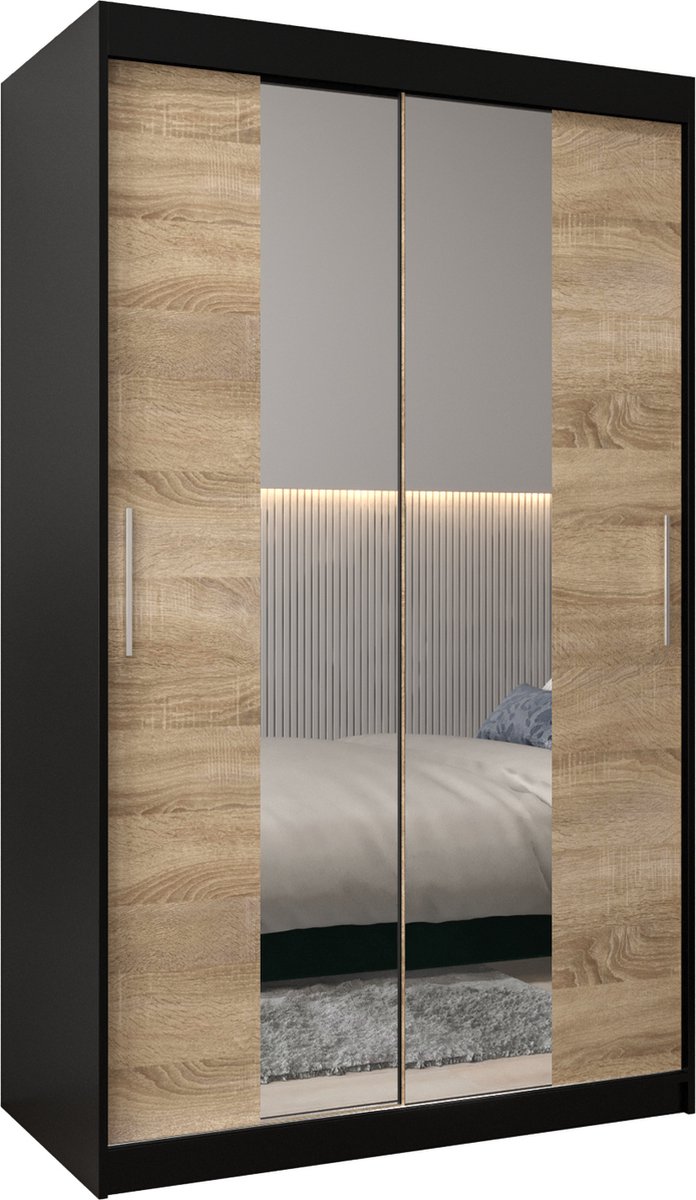 InspireME Kledingkast met 2 schuifdeuren, Modern-stijl, Kledingkast met planken (BxHxD): 120x200x62 - TORM I 120 Zwart Mat + Sonoma Eik met 2 lades