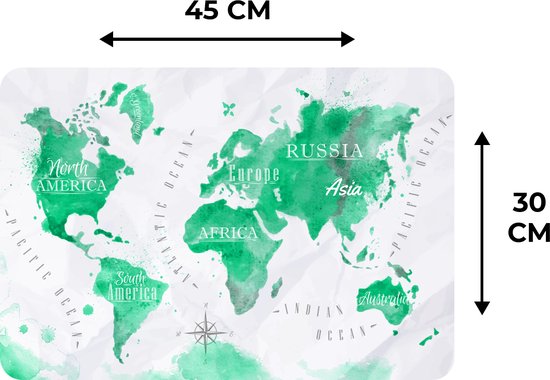 Set de table - Wereldkaart - Peinture à l'huile - Vert - 45x30 cm - 6 pièces