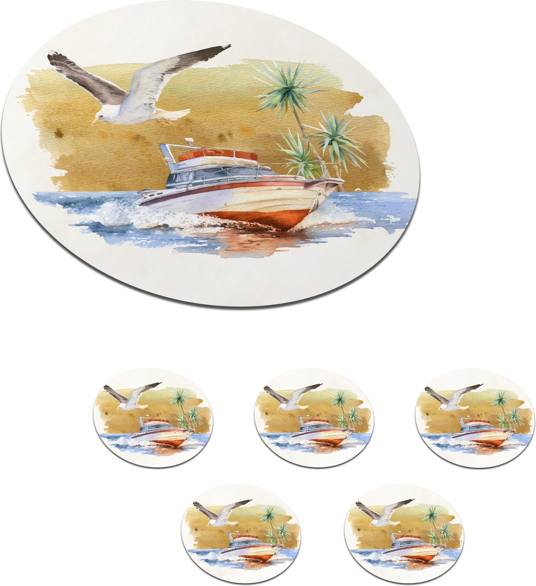 Onderzetters voor glazen - Rond - Boot - Vogel - Waterverf - 10x10 cm - Glasonderzetters - 6 stuks