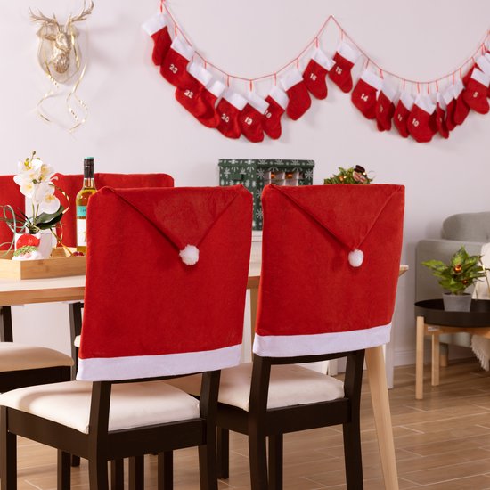 JEMIDI set 4x stoelhoezen eetkamerstoelen - 50 x 60 cm - Passend voor de meeste eetkamerstoelen - Kerstmuts als stoelhoes