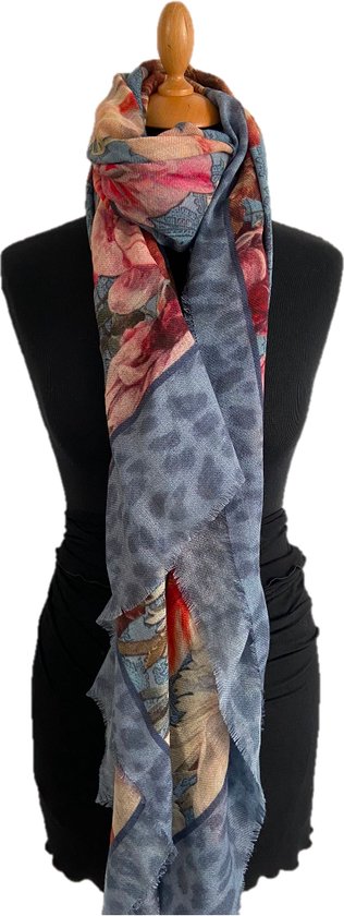 HIGHFIELD SHAWL DESSIN BLOEM MET EEN BREDE BORDER MET ANIMAL PRINT WOL 90CM X 190CM MULTICOLOUR/JEANS