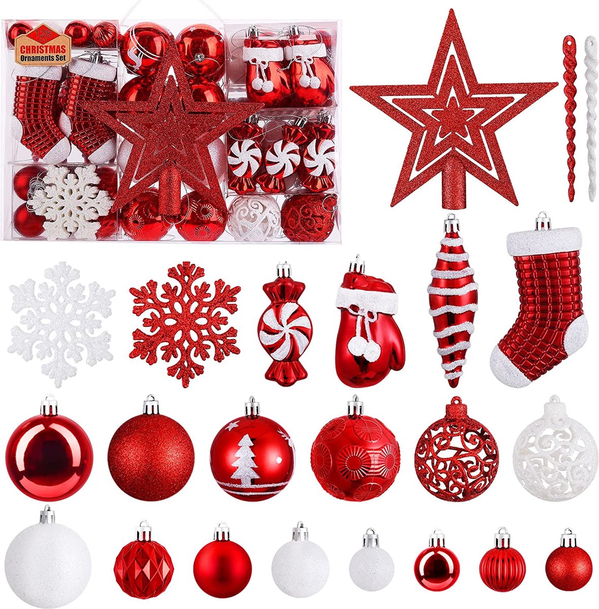 Kerstballen, set van 128 stuks, kunststof, rood, wit, met stervormige boompunt, robuuste en veilige kerstboomversiering, set met ophangen, kleurrijk, herbruikbare kerstdecoratie