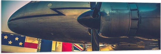 WallClassics - Vlag - Groot Vliegtuig bij Verschillende Vlaggen - 150x50 cm Foto op Polyester Vlag