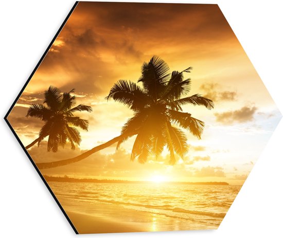 WallClassics - Dibond Hexagon - Palmbomen op het Strand bij Zonsondergang - 30x26.1 cm Foto op Hexagon (Met Ophangsysteem)