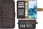 MoDo hoesje Geschikt voor Samsung Galaxy S20 Plus - Echt Leer Book Case - Croco Chocoladebruin