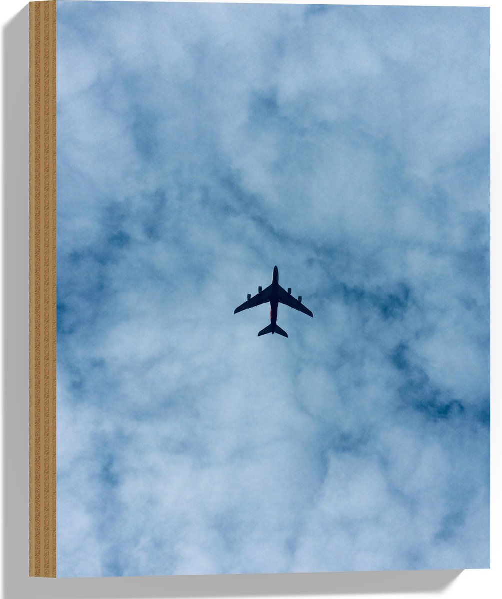 Hout - Onderaanzicht van Vliegtuig bij Sluierwolken - 30x40 cm - 12 mm dik - Foto op Hout (Met Ophangsysteem)