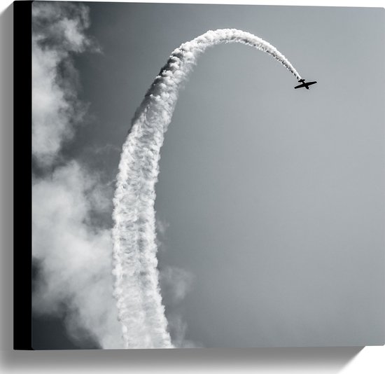 WallClassics - Canvas  - Stuntvliegtuig met Rook (zwart/wit) - 40x40 cm Foto op Canvas Schilderij (Wanddecoratie op Canvas)