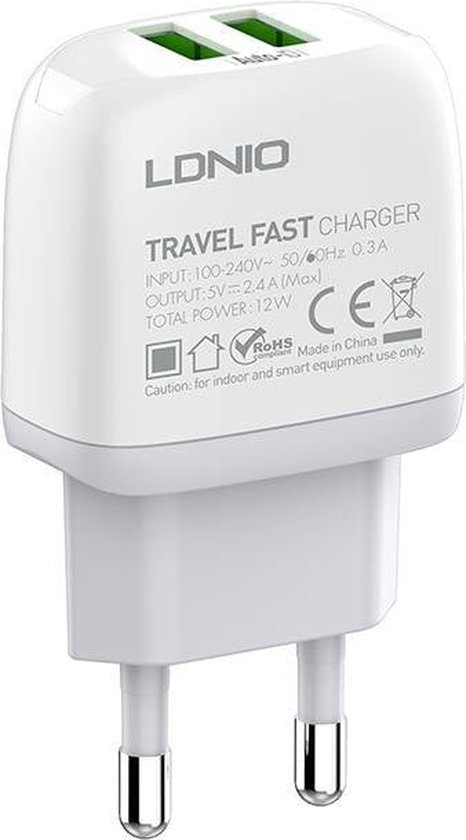 LDNIO A2219 2.4A Deux USB EU Plug Chargeur Mural Rapide USB-C Pour Téléphone Mobile Samsung Huawei P30 P40 Pro MI10 Mi10 Note 9 S20 S21