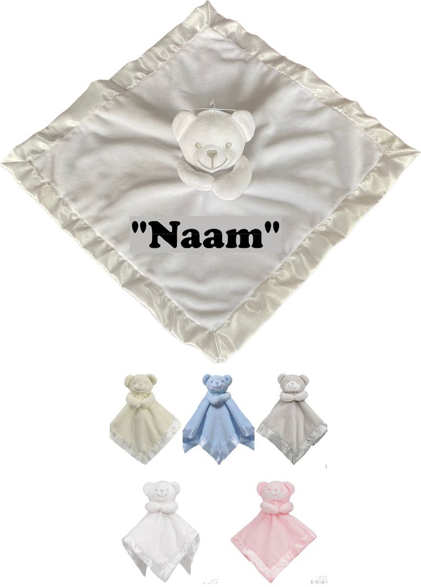 Soft Touch Knuffeldoekje Beertje Met Naam-persoonlijk kraamcadeau 38 x 38 Cm BC21 Kleur: Off White