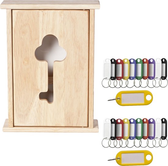 Houten sleutelkastje met 20x stuks sleutellabels - 19 x 26 cm