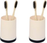 Concorde - Badkamer tandenborstelhouder/drinkbeker - 2x stuks - kunststof beige/zwart 8 x 10 cm