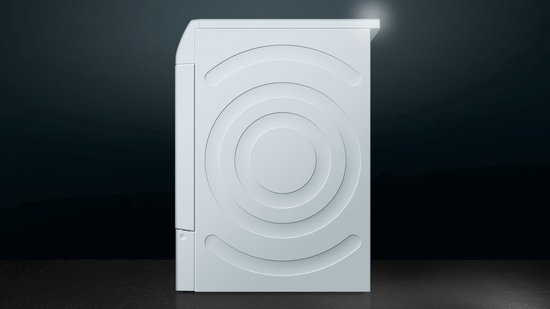 Zijkant van een witte Siemens wasdroger met een gestileerd cirkelvormig patroon op de achterwand.
