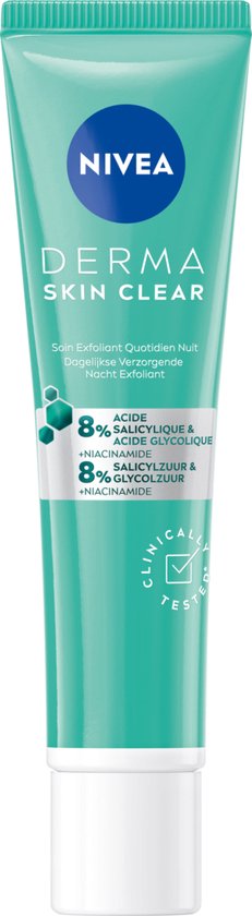 NIVEA DERMA Skin Clear Dagelijkse Verzorgende Nacht Exfoliant - Gezichtsreiniger - Met Salicylzuur (AHA) en glycolzuur - Niacinamide - 40 ml