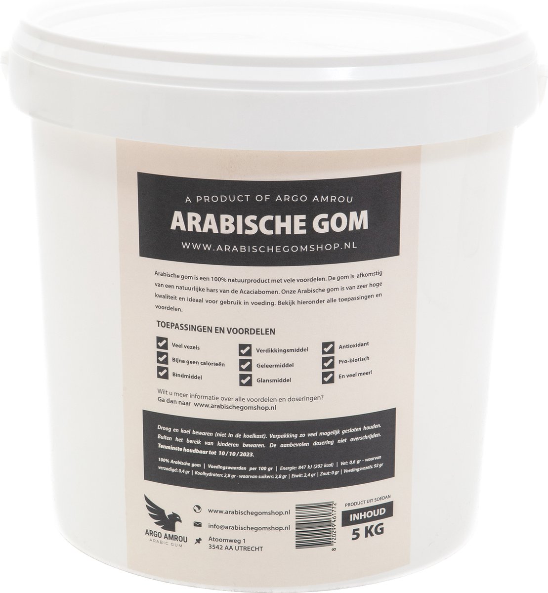 Arabische Gom / Acacia - 5 KG Poeder Emmer || 100% Biologisch / Natuurlijk || Plantaardig Bindmiddel en vele andere toepassingen. || Biologische vervanger voor o.a. Agar Agar, Gelatine, Xanthan Gum, Guarpitmeel en Johannesbroodpitmeel - Argo amrou