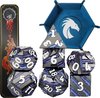 Afbeelding van het spelletje DnD Striped Metal dice set - Incl. Blazium Dice Tray & Metal Dragon Case – Blue – Dungeons and Dragons metalen dobbelstenen