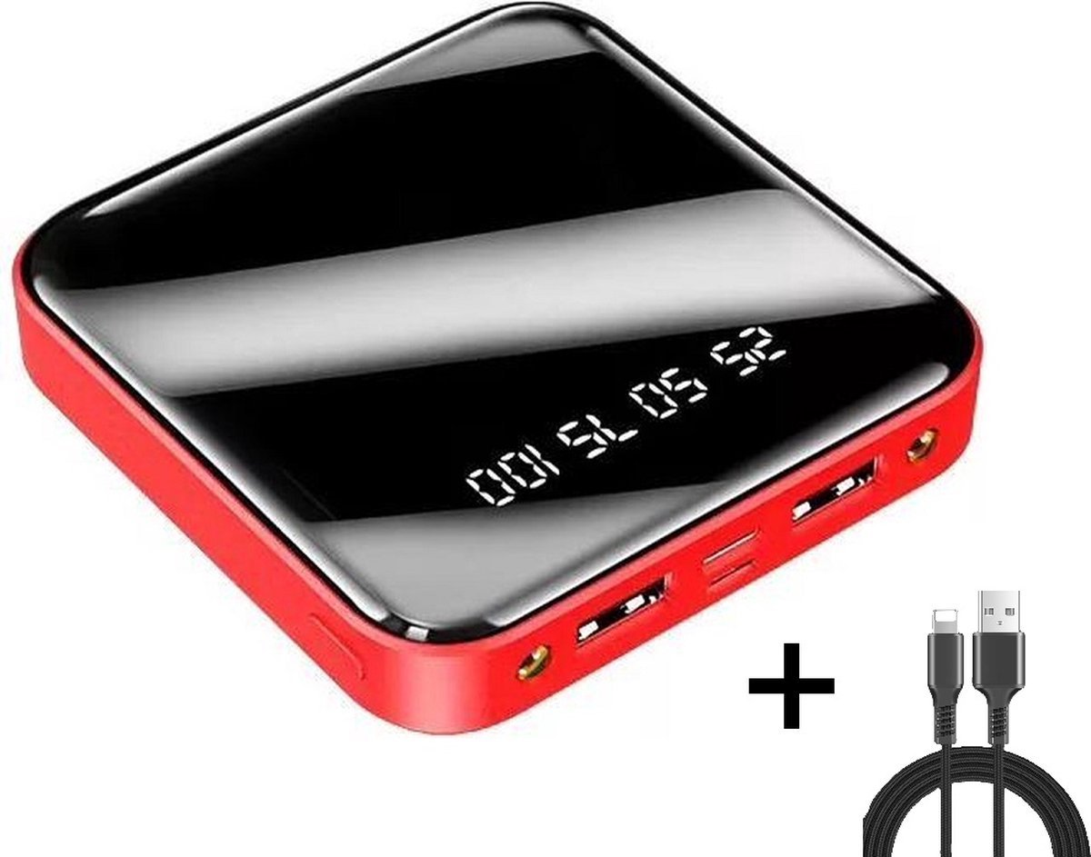 BAIK Powerbank 20000 mah Powerbank rood/Red + Iphone oplaad kabel- Compact - (Dual 2.1A USB/Micro-USB/USB-C) - Mini Snellader Universeel Geschikt voor Samsung S21 / S20 / S10 plus / iPhone 14 / 13 / 12 / 11 of Tablets