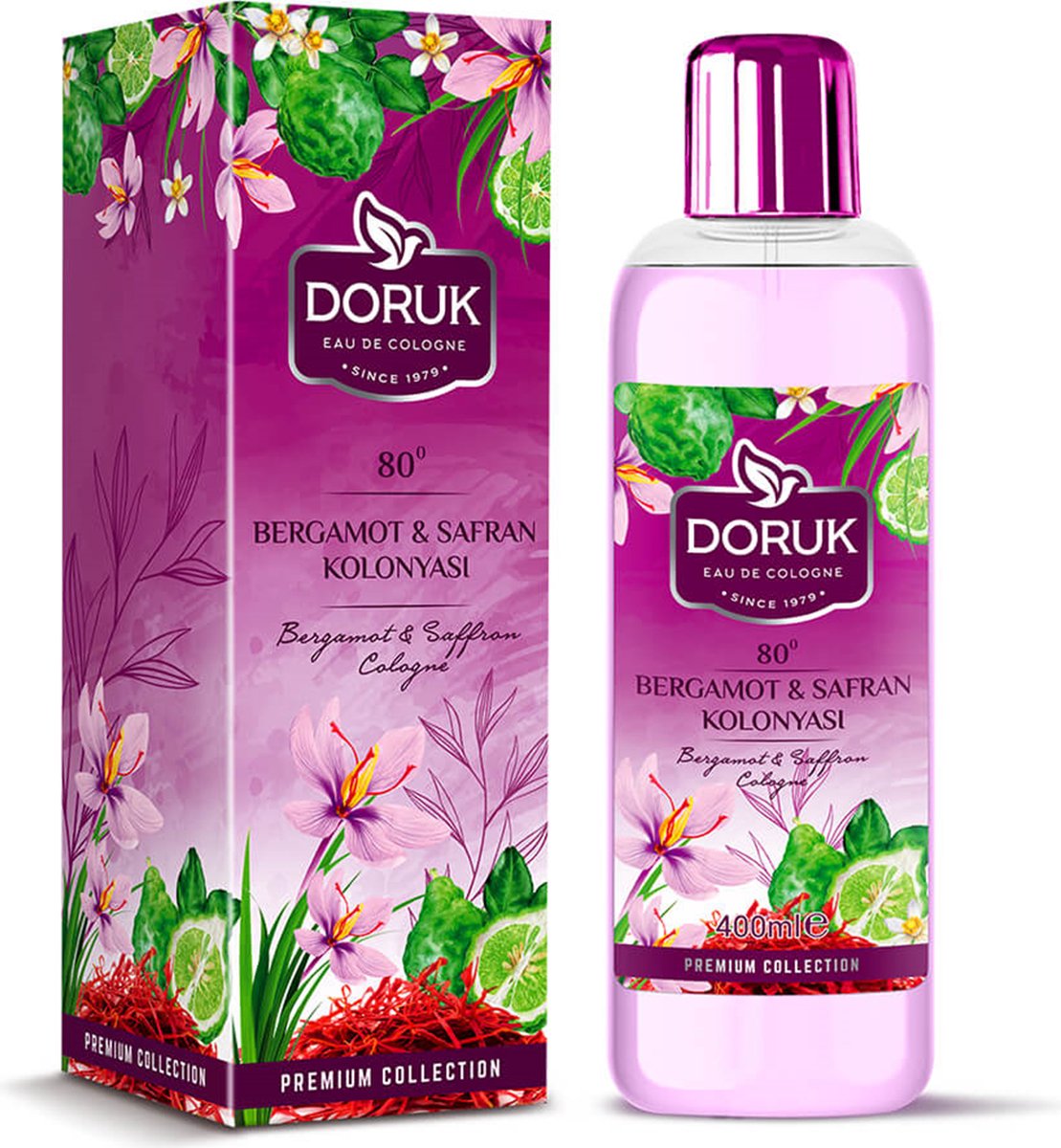 Doruk - Eau de cologne 400ml - 80° alcohol - Bergamot en saffraan cologne - Optimale desinfectie van handen