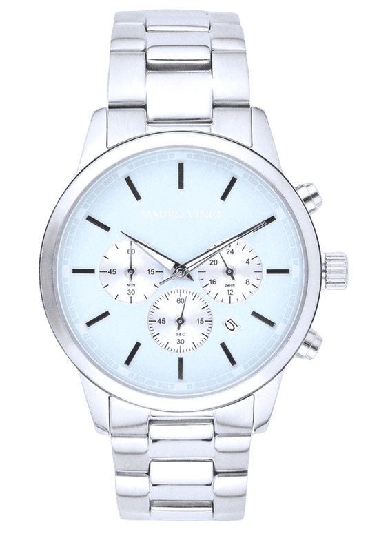 Montre homme bleu - Montre homme bleu clair - Mauro Vinci Acier Argent - Montres homme Bleu clair avec boite de rangement en cuir - Montre Sports line 420 acier avec mouvement japonais