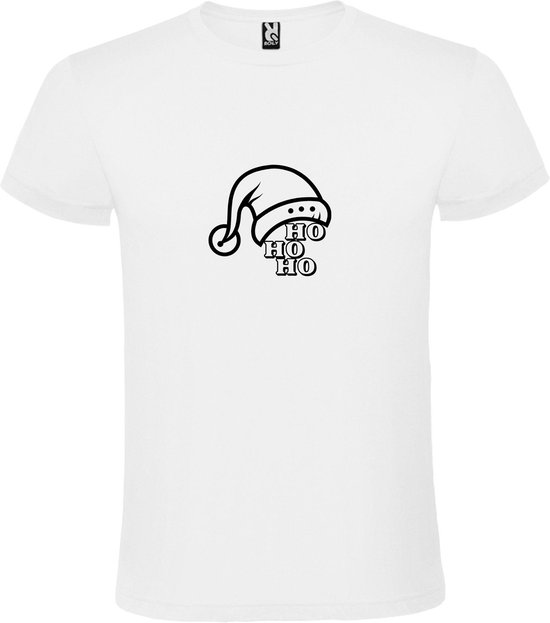 Wit T-Shirt met “ Kerst Muts / Ho Ho Ho “ Afbeelding Zwart Size XS