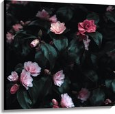 WallClassics - Canvas  - Close up van Roze Rozenstruik - 100x100 cm Foto op Canvas Schilderij (Wanddecoratie op Canvas)
