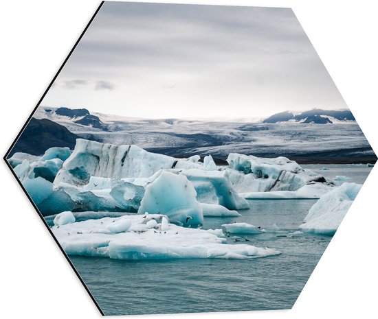 WallClassics - Dibond Hexagon - IJsblokken in het Water in Landschap - 50x43.5 cm Foto op Hexagon (Met Ophangsysteem)