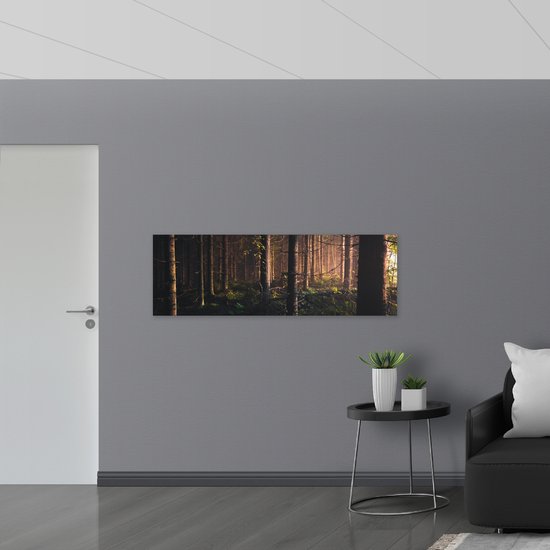 Poster (Mat) - Bos in de Schemer van Zonsondergang - 150x50 cm Foto op Posterpapier met een Matte look