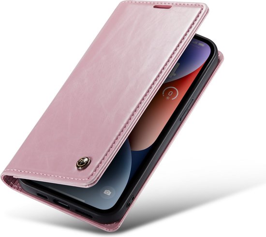 CaseMe - Coque de téléphone adaptée pour Apple iPhone 14 - Etui portefeuille à rabat - Fermeture magnétique - Rose