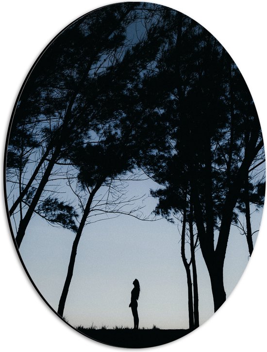 WallClassics - Dibond Ovaal - Silhouet van Vrouw onder Hoge Bomen - 30x40 cm Foto op Ovaal (Met Ophangsysteem)