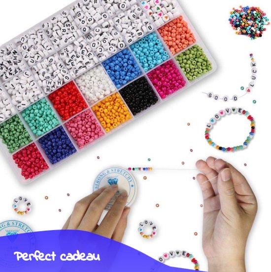Lea® Kralen Sieraden Maken Pakket set - Premium kralen - 6000 kleuren en Letterkralen - Alfabet letters - Inclusief elastiek - Lea