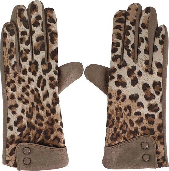 Zachte dames stretch handschoenen luipaard print dierprint beige naturel met touchscreen maat L / 8