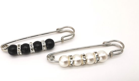 2x omslagdoek/sier-speld, 4 imitatie parels, zwart & wit, ringetjes met strass steentjes, langwerpig, L55mm