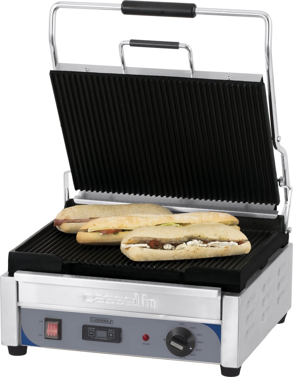 PANINI GRILL PREMIUM GROOT GERIBBELDE MET TIMER