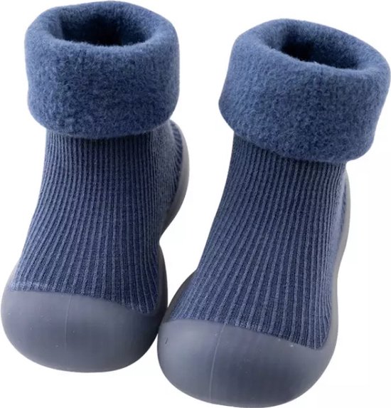 Fleece anti-slip schoentjes - Sok sloffen - Eerste loopschoentjes van Baby-Slofje - Effen blauw - Maat 18/19