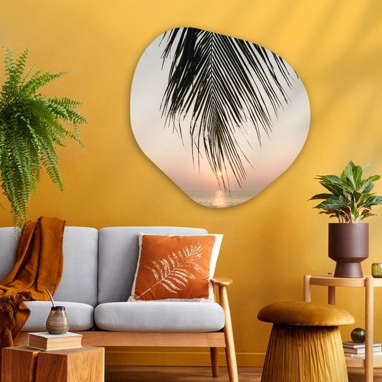 Organische wanddecoratie 90x90 cm - Organisch schilderij Palmblad - Zon - Zomer - Strand - Muurdecoratie woonkamer - Kamer decoratie - Schilderijen - Muurcirkel aesthetic