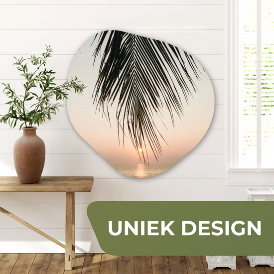 Organische wanddecoratie 90x90 cm - Organisch schilderij Palmblad - Zon - Zomer - Strand - Muurdecoratie woonkamer - Kamer decoratie - Schilderijen - Muurcirkel aesthetic