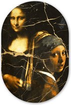 Muurovaal - Kunststof Wanddecoratie - Ovalen Schilderij - Meisje met de parel - Mona Lisa - Goud - 40x60 cm - Ovale spiegel vorm op kunststof