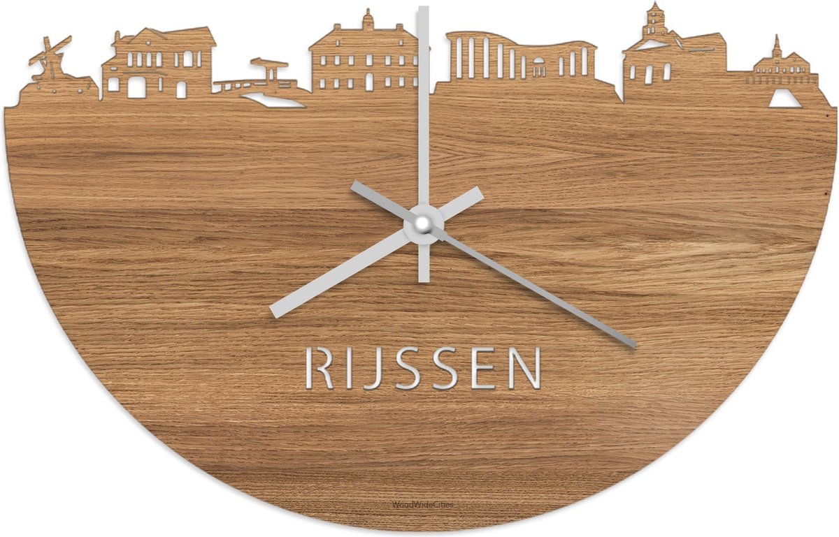 Skyline Klok Rijssen Eikenhout - Ø 40 cm - Stil uurwerk - Wanddecoratie - Meer steden beschikbaar - Woonkamer idee - Woondecoratie - City Art - Steden kunst - Cadeau voor hem - Cadeau voor haar - Jubileum - Trouwerij - Housewarming - WoodWideCities