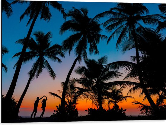 WallClassics - Dibond - Silhouette van Palmbomen op een Tropisch Strand - 80x60 cm Foto op Aluminium (Met Ophangsysteem)