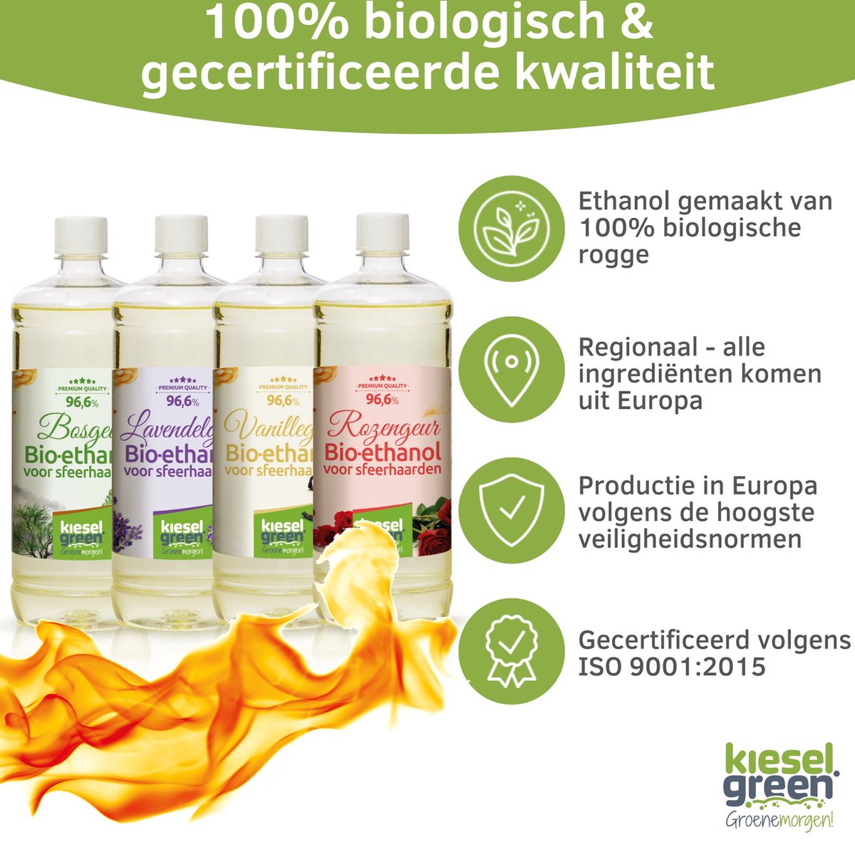 KieselGreen 12 Liter Bio-Ethanol Aromamix (Vanille, Rozen, Lavendel, Geurloos) - Bioethanol 96.6%, Veilig voor Sfeerhaarden en Tafelhaarden, Milieuvriendelijk - Premium Kwaliteit Ethanol voor Binnen en Buiten