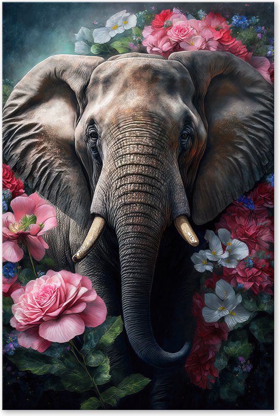 Graphic Message - Print op Dibond Aluminium - Olifant met Bloemen - Moderne Kunst