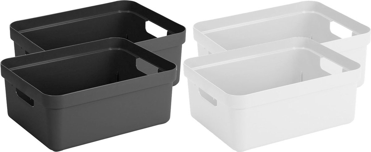 Sunware Set van 4x stuks opbergboxen/opbergmanden 24 liter kunststof antraciet en wit - Formaat per box: 45,3 x 35,4 x 18,3 cm Multi