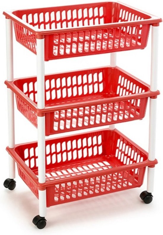 Foto: Opberg trolley roltafel organizer met 3 manden 40 x 30 x 61 5 cm wit rood etagewagentje karretje met opbergkratten