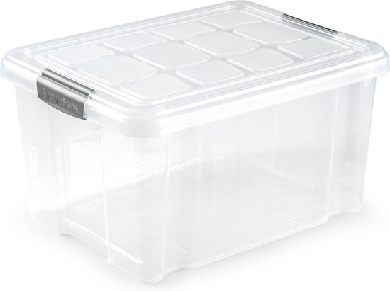 Bacs de rangement transparents en plastique de 16 litres avec couvercles et fermoirs gris.