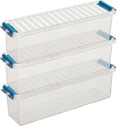 3x Sunware Q-Line opberg boxen/opbergdozen 1,3 liter 27 x 8,4 x 9 cm kunststof - Langwerpige/smalle opslagbox - Opbergbak kunststof transparant/blauw