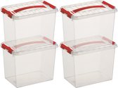 10x Sunware Q-Line opberg boxen/opbergdozen 9 liter 30 x 20 x 22 cm kunststof - Opslagbox - Opbergbak kunststof transparant/rood